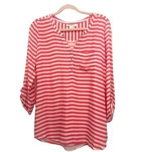 Motherhood Maternity roll tab sleeves partial button stripes top size M